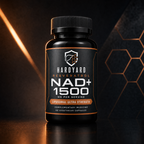 HARDYARD NAD+ 1500 capsule bottle in the signature black and copper studio setting